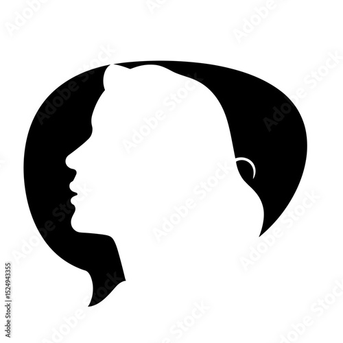 Woman silhouette profile in black circle. Elegant female head shape in monochrome style. Simple graphic design for logo, avatar, or website.