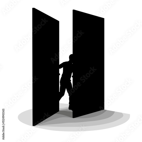 Silhouette man opening two large doors. Person silhouette stepping through opened doorway.  Mysterious concept image perfect for posters, presentations