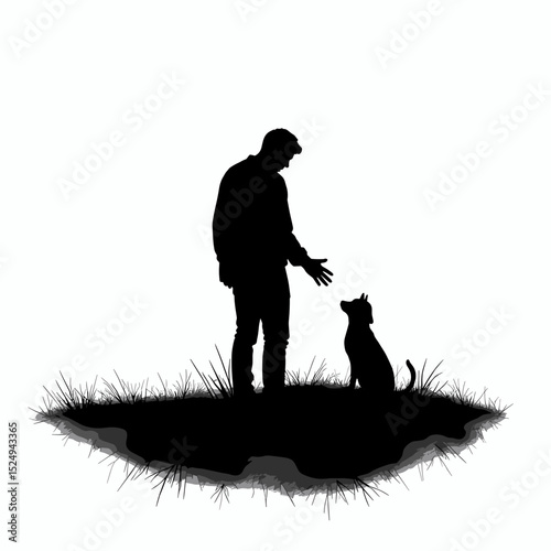 Silhouette of man and small dog on grassy hill. Man and small dog silhouette offers heartwarming friendship concept.