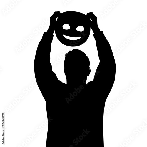 Man silhouette holding happy emoticon above head. Person raises smiling face symbol expressing positive emotions.  Silhouette concept image ideal for social media post or website design