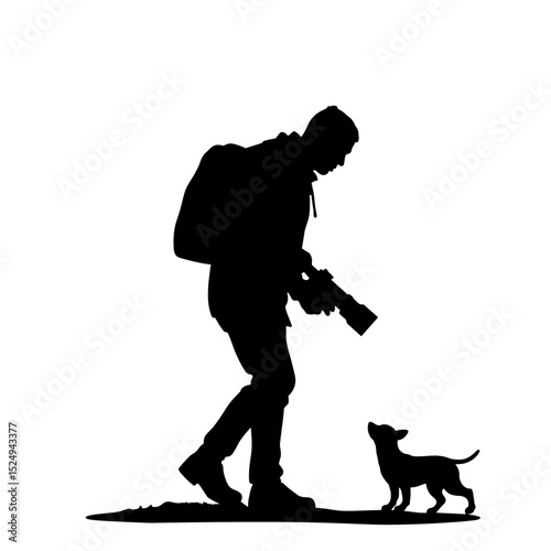 Silhouette photographer with chihuahua dog. Person with backpack takes photo of small dog.  Photographer and pet concept for photography website or silhouette design.
