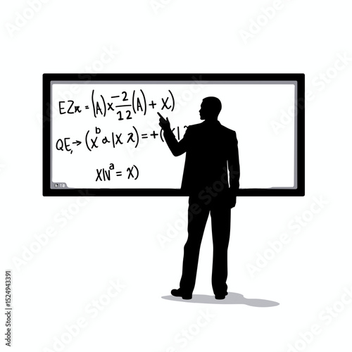 Silhouette of male teacher explaining complex math formulas on whiteboard.  Man points at equation, illustrating mathematical concepts. This image is perfect for educational materials, presentations