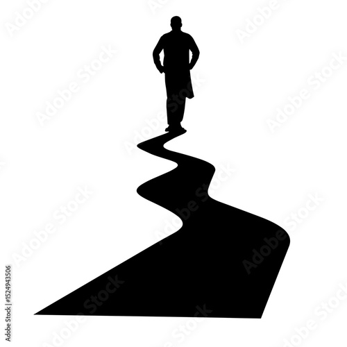 Silhouette person walking on winding path. Person silhouette striding along twisting road.  Concept image symbolizing life journey. Path silhouette ideal for design projects