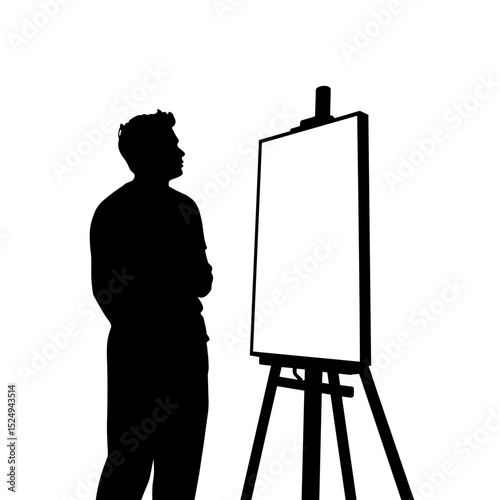 Man silhouette looking at blank presentation board on easel. Person silhouette contemplates empty canvas.  Silhouette concept for presentation design or business concept.