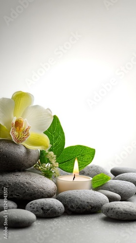 Elegant Arrangement of Stones and White Orchids With Soft Background Highligh...