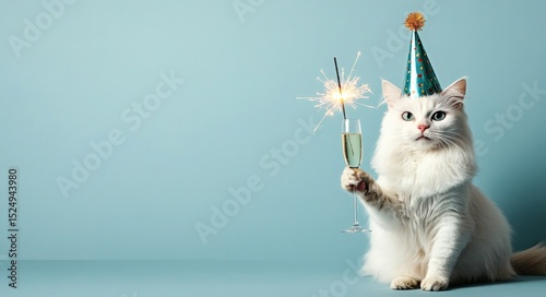 Celebration With Fluffy Cat Wearing Party Hat and Holding Sparkler and Drink.