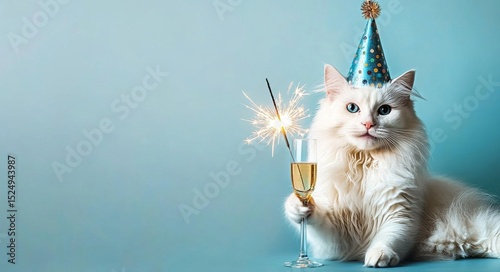 Celebration With Fluffy Cat Wearing Party Hat and Holding Sparkler and Drink