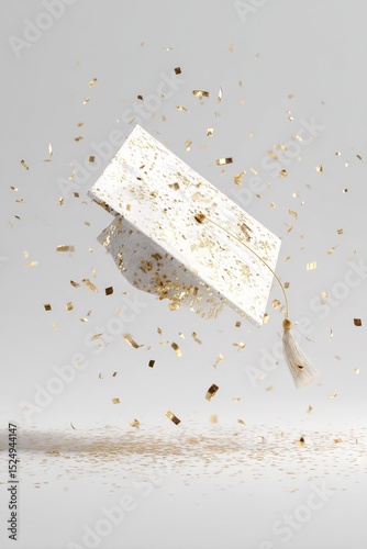 Graduation Cap in Mid-Air Surrounded by Golden Confetti Celebrating Academic ...