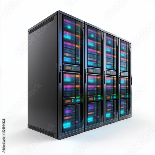 High-quality 3D icon of a server rack showcasing modern technology and vibrant LED design with isolated white background perfect for digital media
