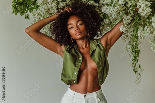 Stylish Model Posing in Green Blouse With Floral Design, Showcasing Elegance ...