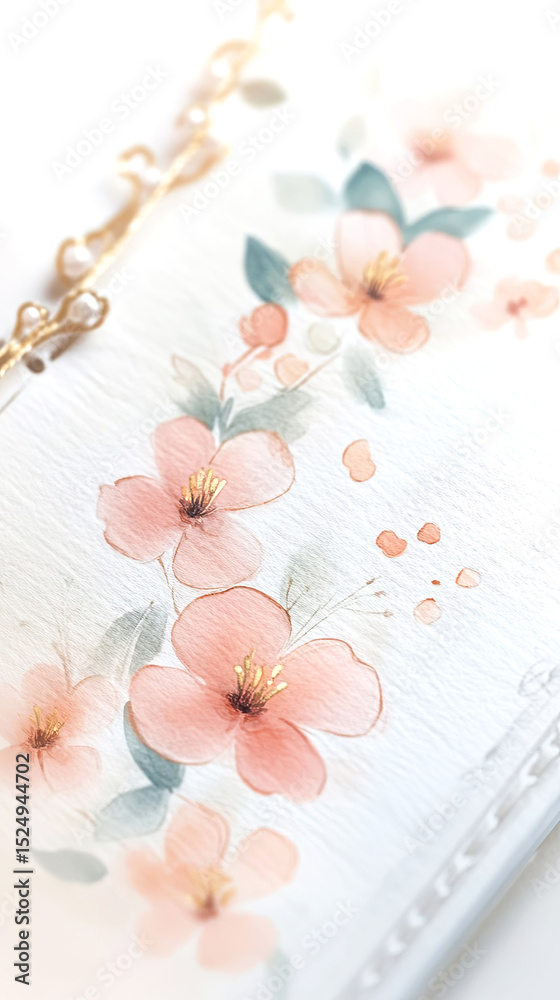 Obraz premium Watercolor illustration of delicate pink flowers with green leaves, showcasing soft brush strokes and gentle hues, perfect for floral design and artistic projects
