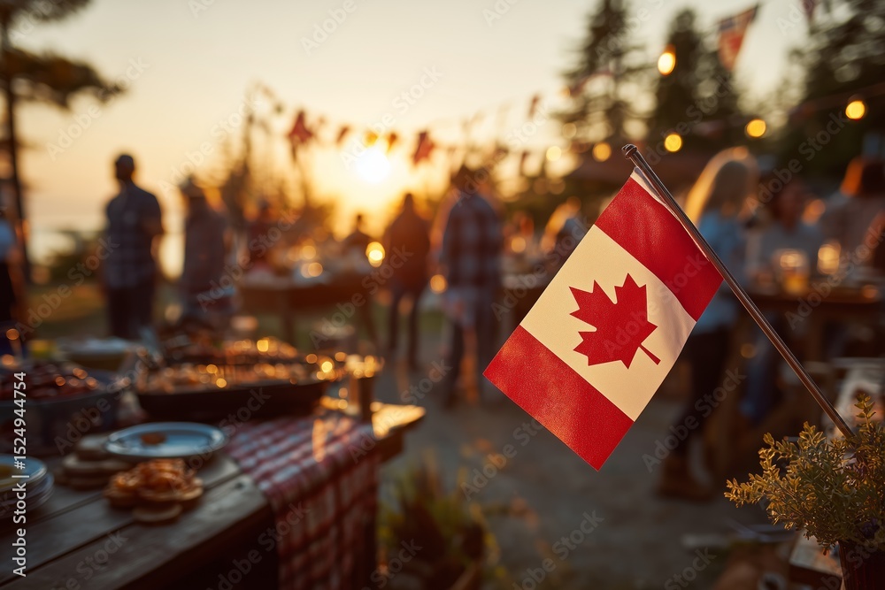 BBQ celebration at sunset with Canadian flag and happy people enjoying Canada Day outdoors with festive decorations and delicious food BBQ celebration at sunset with Canadian flag and happy people enjoying Canada Day outdoors with festive decorations and delicious food