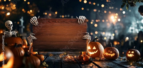 Skeletons Hold a Wooden Sign Amidst Glowing Pumpkins During a Festive Hallowe...