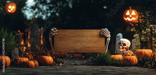 Skeletons Hold a Wooden Sign Amidst Glowing Pumpkins During a Festive Hallowe...