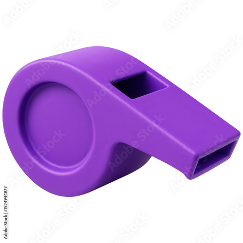 A close up 3d rendered image of a purple plastic whistle against a stark transparent background.