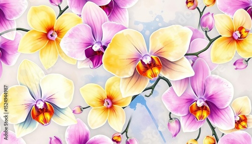 Delicate pastel watercolor orchid floral seamless pattern Rustic vintage style, purple, yellow, blue hues, seamless, elegant