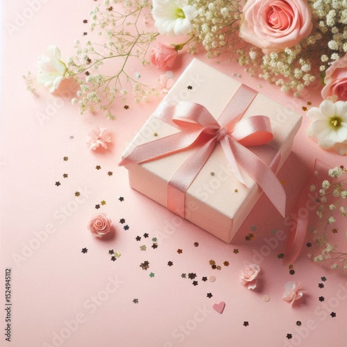 Flat lay of a gift box and flowers with confetti on light pink background, birthday celebration banner with copy space on the right for text or design