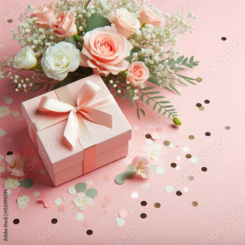 Flat lay of a gift box and flowers with confetti on light pink background, birthday celebration banner with copy space on the right for text or design