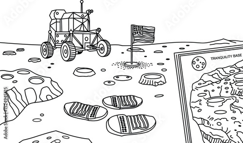 Lunar surface coloring page featuring rover footprints american flag and tranquility base