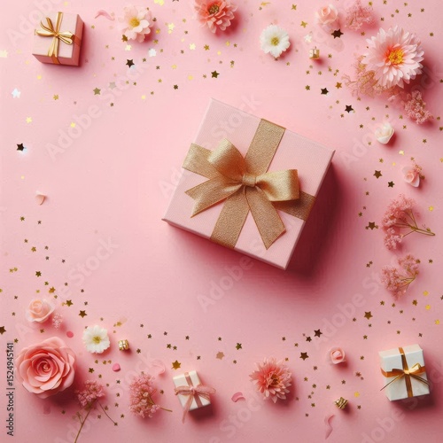 Top view of a pink background with gift, confetti, and flowers, styled as a banner with copy space in the bottom right corner.