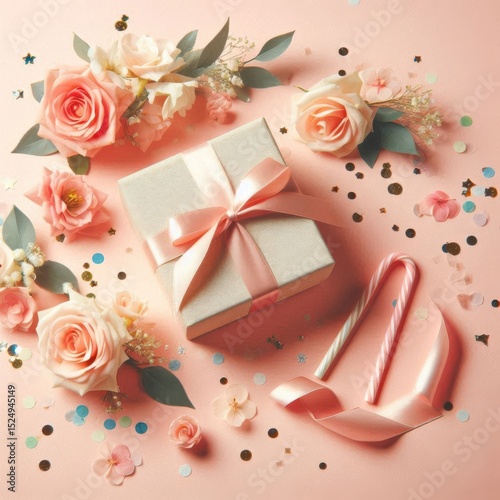 Top view of a gift box with confetti and flowers on a light pink background, web banner with copy space in the bottom right corner for text or design