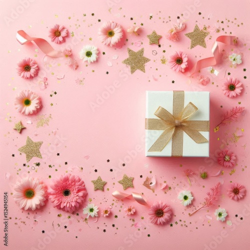 Pink background with gifts and flowers, star-shaped confetti, and central copy space for text or product, perfect for festive web design.