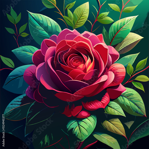 Highly detailed botanical illustration of a vibrant red and purple rose in full bloom, with lush green leaves and delicate buds. Capturing its elegance and natural beauty, ideal for floral decor