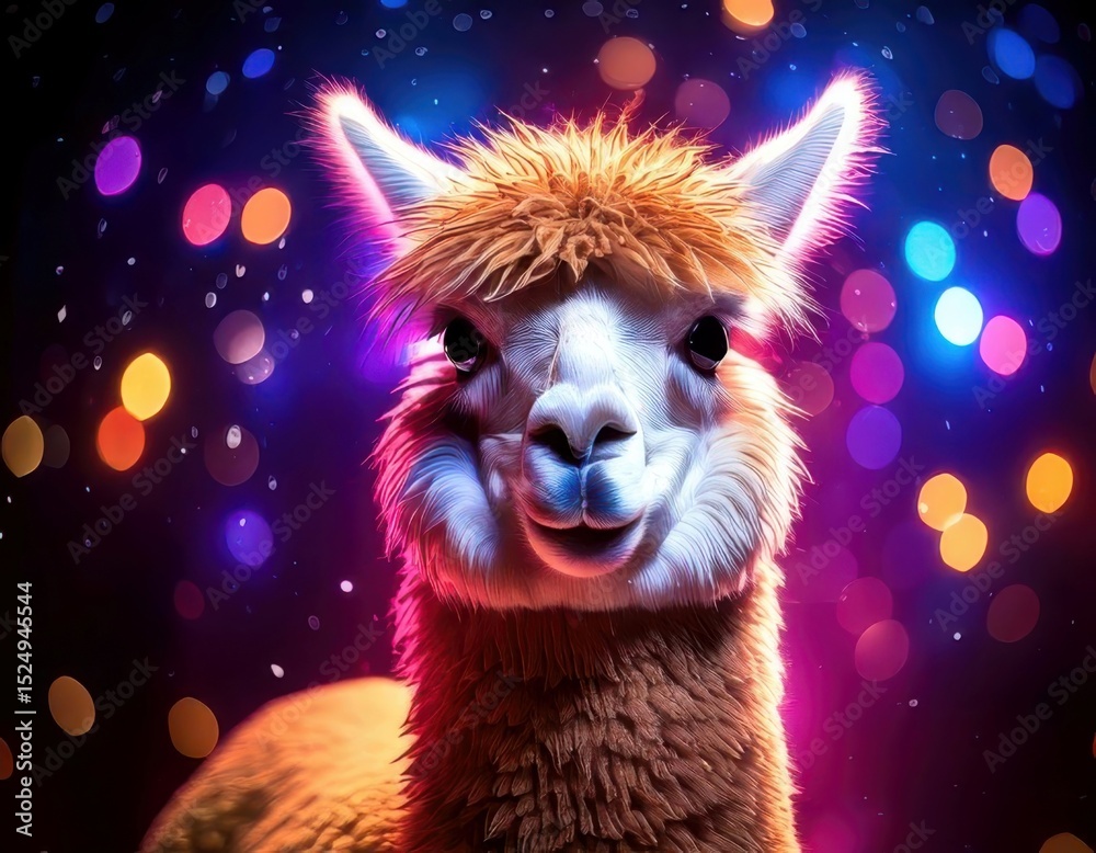 Fototapeta premium Alpaca in a vibrant dreamy atmosphere with colorful flares and sparkling ambient light