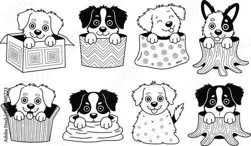 Adorable cartoon puppies sitting in varied containers black and white illustrations