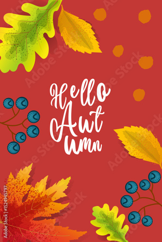 Bright autumn card featuring colorful leaves and berries on a red background. Perfect for seasonal greetings, invitations, and festive fall design projects. Vector