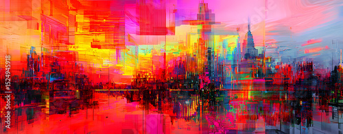 Layered Tech Data Interface Art Vibrant abstract city skyline at sunset Hyper Digital Glitch Abstraction Futuristic Pixel Overlap Design
