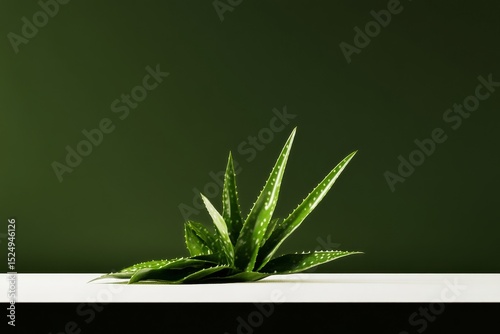 Green Aloe Vera Plant on a Minimalist White Table Against a Dark Green Wall