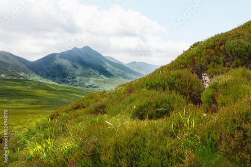 Grassy hillside shows a view of the Strickeen Mountain range under a cloudy sky. Rolling hills stretch into the distance, Ireland.