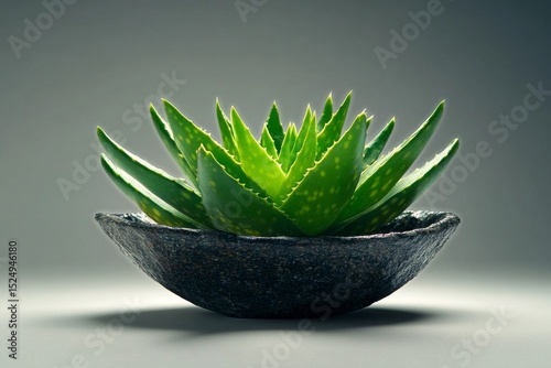 Green Aloe Vera Plant on a Minimalist White Table Against a Dark Green Wall.