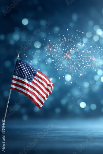 American Flag Waving Against a Backdrop of Sparkling Fireworks in the Evening...