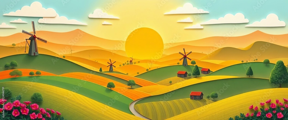 Obraz premium Intricate paper cut design of idyllic rolling hills, windmills, and sun-drenched fields, craft, paper art