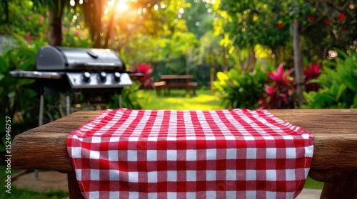 Wooden table with red gingham cloth in a lush garden ready for a summer barbecue
