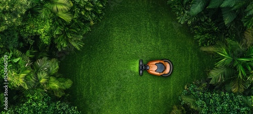 Lawn Mower Trims Grass in a Lush Garden Surrounded by Dense Greenery
