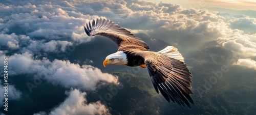 Majestic Eagle Soaring Over Mountain Peaks and Clouds During Early Morning Li...