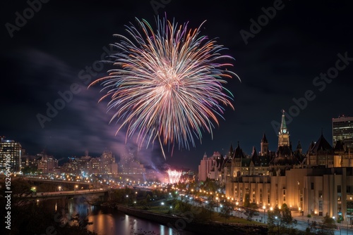 Celebratory fireworks illuminate the night sky over Ottawa during Canada's national holiday festivities
