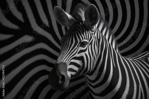 Monochrome zebra portrait with striking stripes, showcasing nature's pattern. Ideal for wildlife enthusiasts.