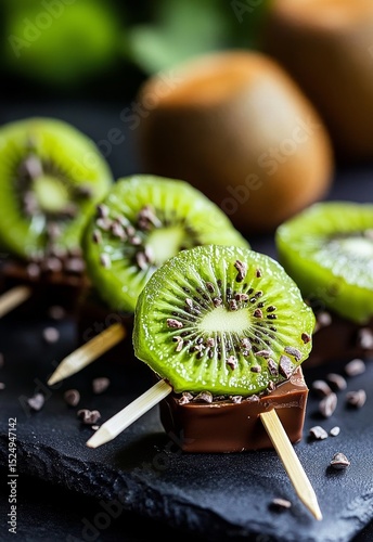 Delicious Kiwi Slices on Chocolate Skewers With Chocolate Chips Set on a Dark...