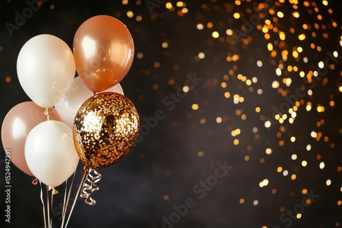 Festive Balloons in Shades of Gold and Cream Against a Sparkling Background f...