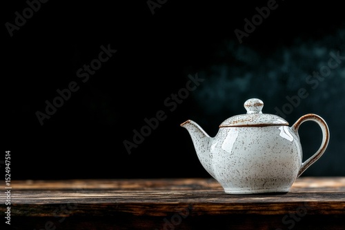 Crafted Ceramic Teapot Resting on Wooden Surface Against Dark Background