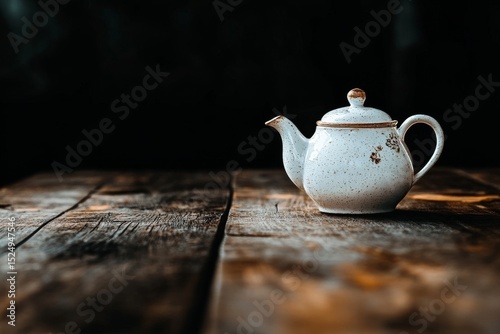 Crafted Ceramic Teapot Resting on Wooden Surface Against Dark Background.