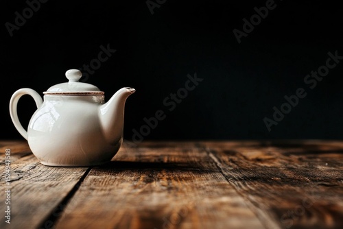 White Teapot Resting on a Wooden Table in a Dimly Lit Room During the Afternoon.