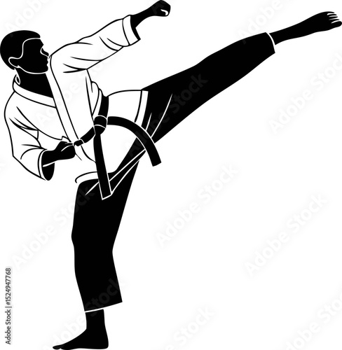 A martial artist demonstrating a powerful high kick, showcasing their black belt and athleticism.