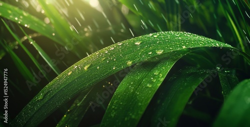 Dew Glistens on Grass Blades in a Sunlit Garden During Early Morning Hours.