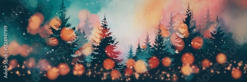 Magical forest with christmas trees and glowing colorful and beautiful lights, banner