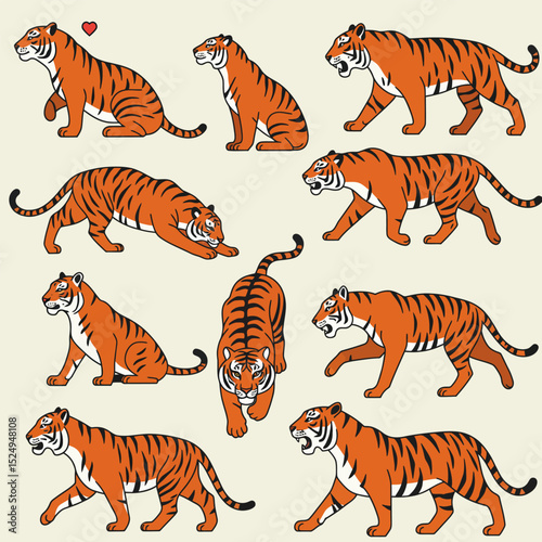 Illustration set of tigers in various poses (standing, sitting, lying down, beckoning)